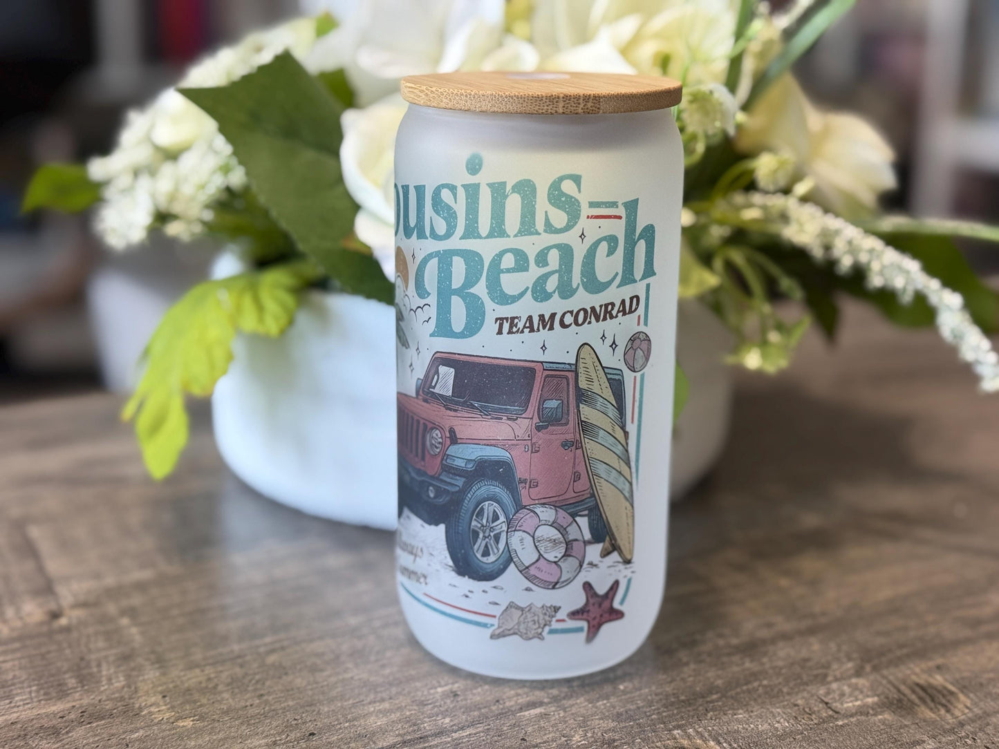 Summer I Turned Pretty | Cousins Beach Inspired 16oz Frosted Glass with Bamboo Lid & Straw | Junior Mint Bear | Team Conrad