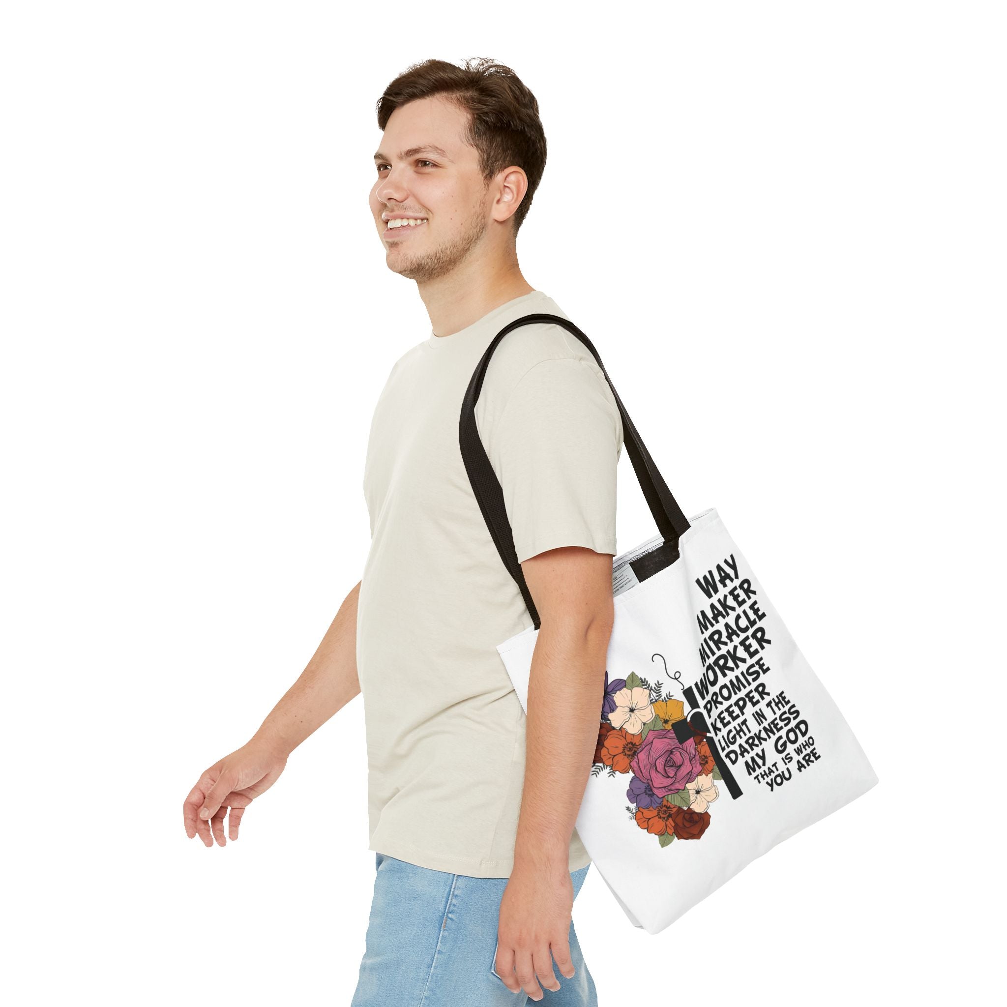 Way Maker Miracle Worker Christian Tote Bag | Floral Cross Bible Verse Tote