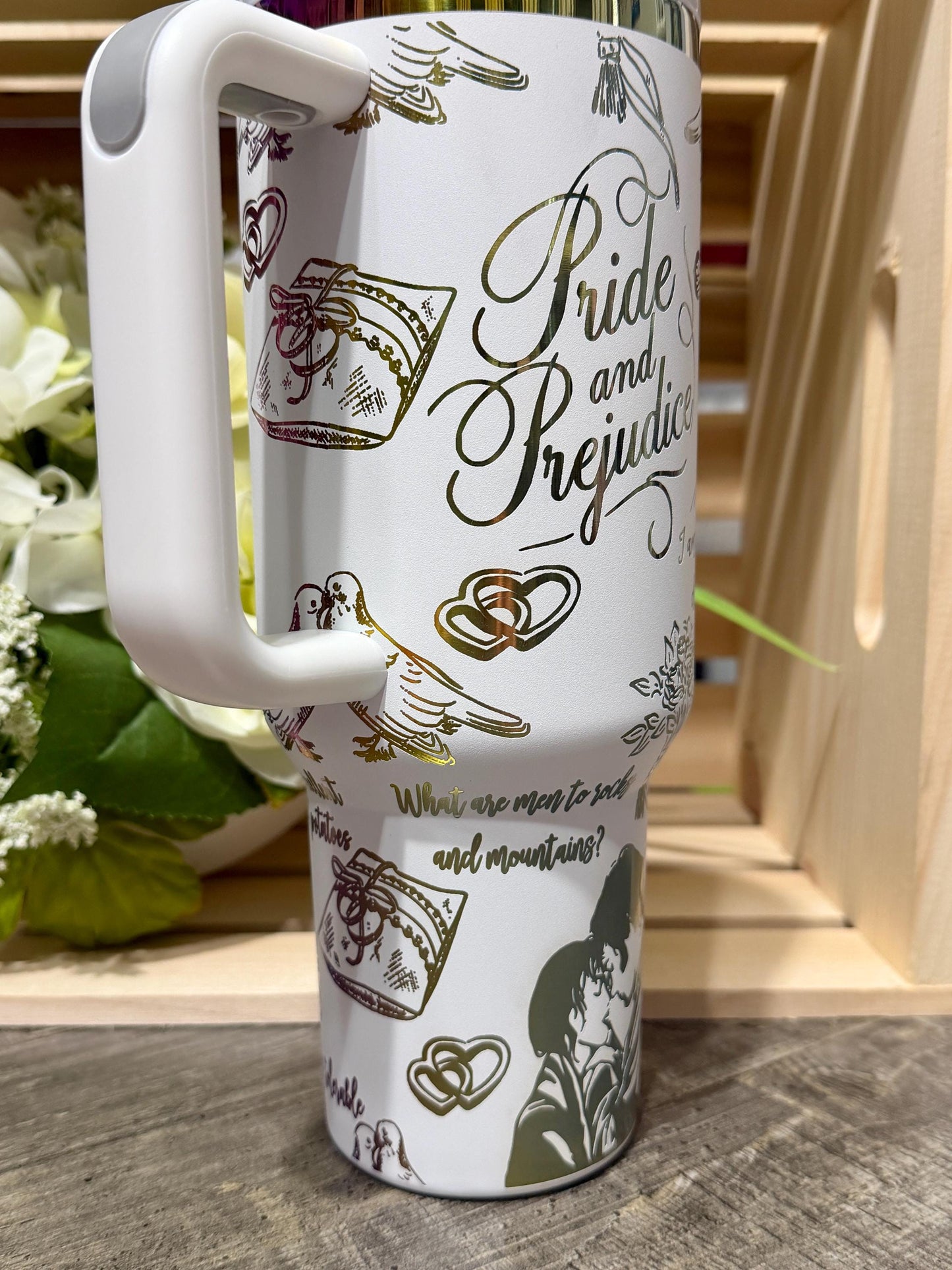 Pride and Prejudice Stanley Style 40oz Engraved Tumbler | White Rainbow Bookish Cup | Jane Austen Inspired Gift | Romance Reader Mug