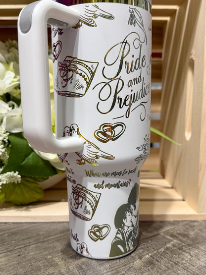 Pride and Prejudice Stanley Style 40oz Engraved Tumbler | White Rainbow Bookish Cup | Jane Austen Inspired Gift | Romance Reader Mug