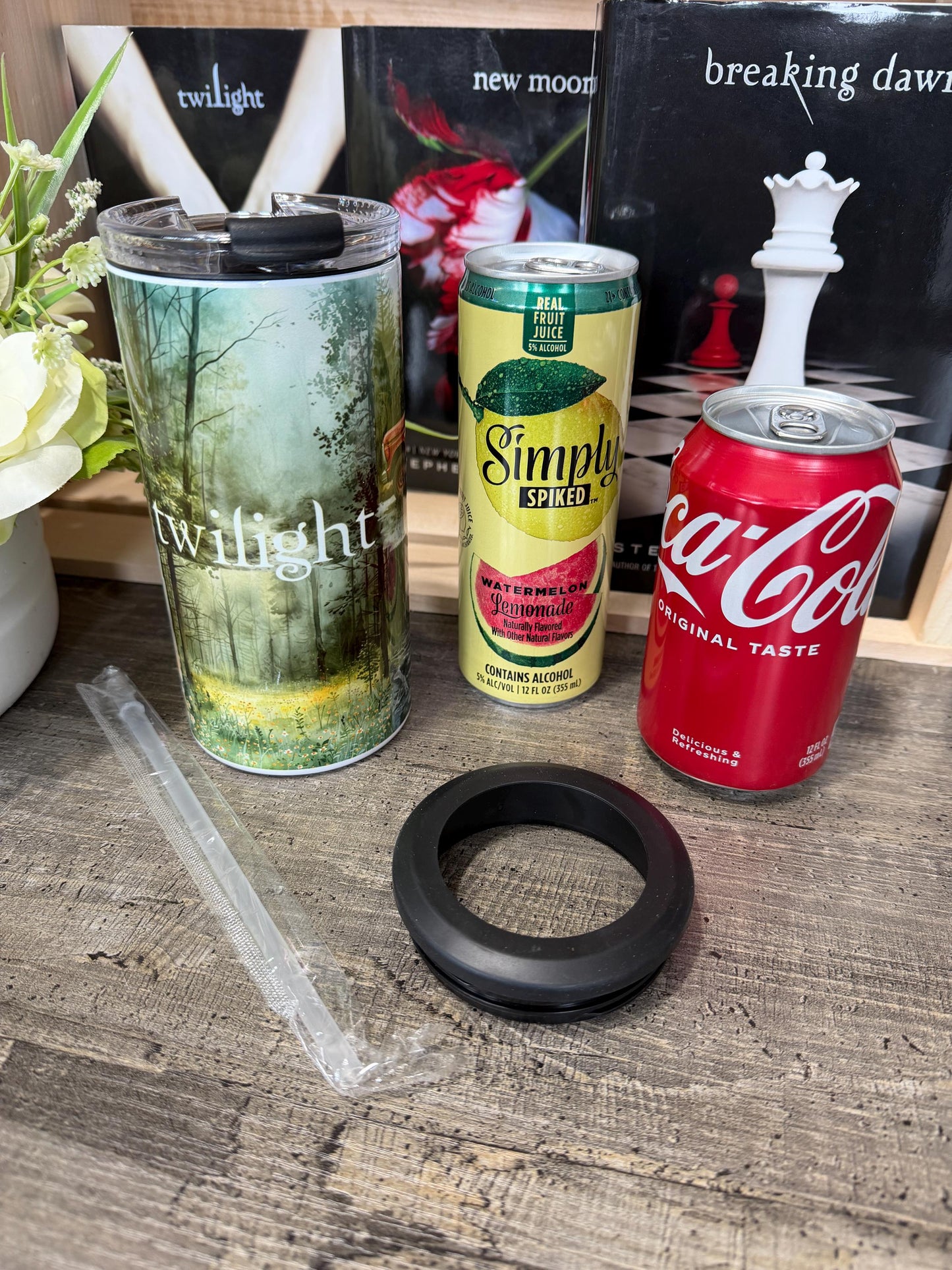 Twilight Aesthetic 4 in 1 Can Cooler | Edward Bella Jacob Inspired | Moody Forest Bookish Tumbler | Forks Vibes Cup | Vampire Reader Gift