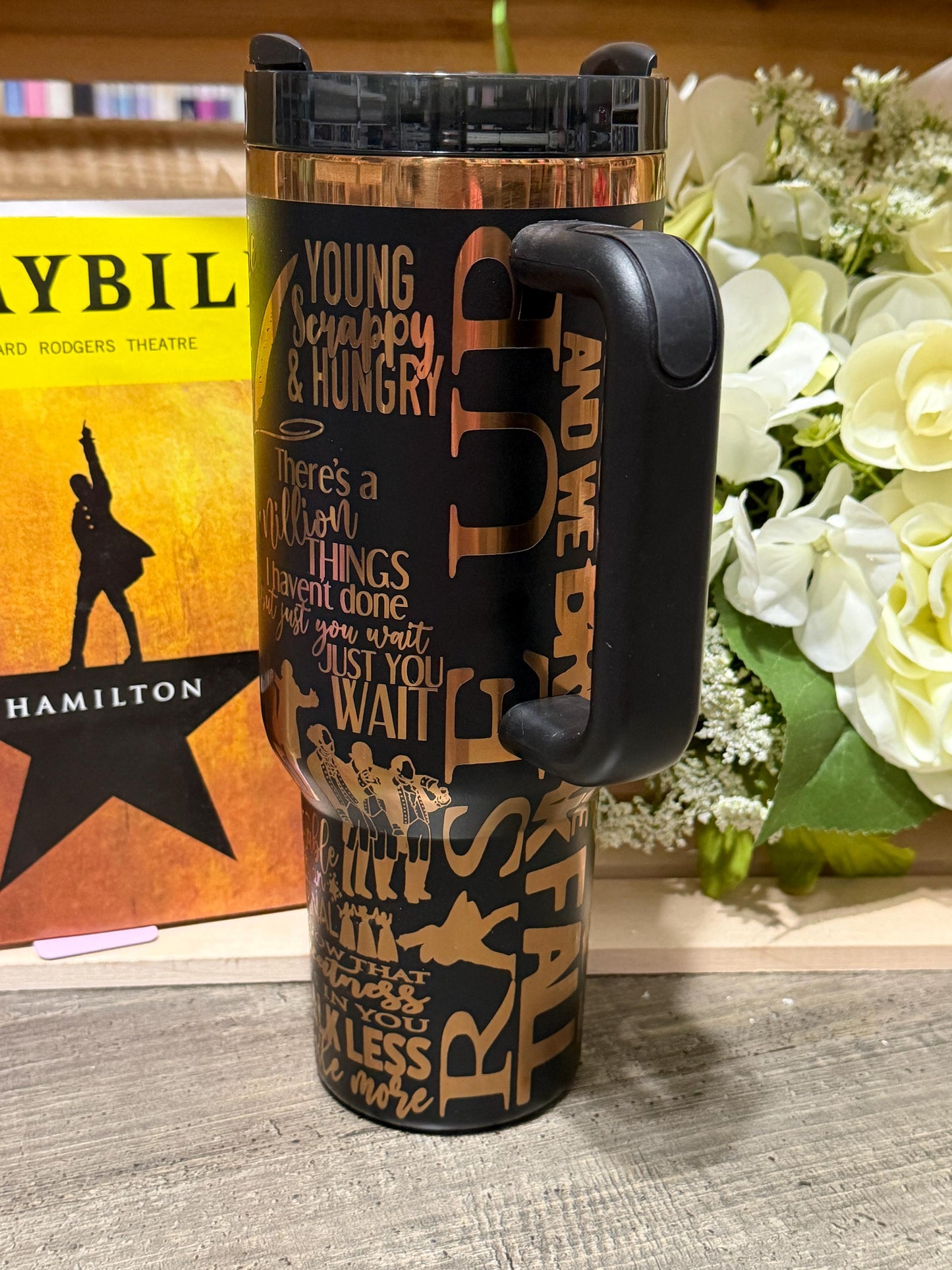 Hamilton Inspired 40oz Engraved Tumbler with Handle – Broadway Musical Quote Cup – Theater Lover Gift – Stanley Style