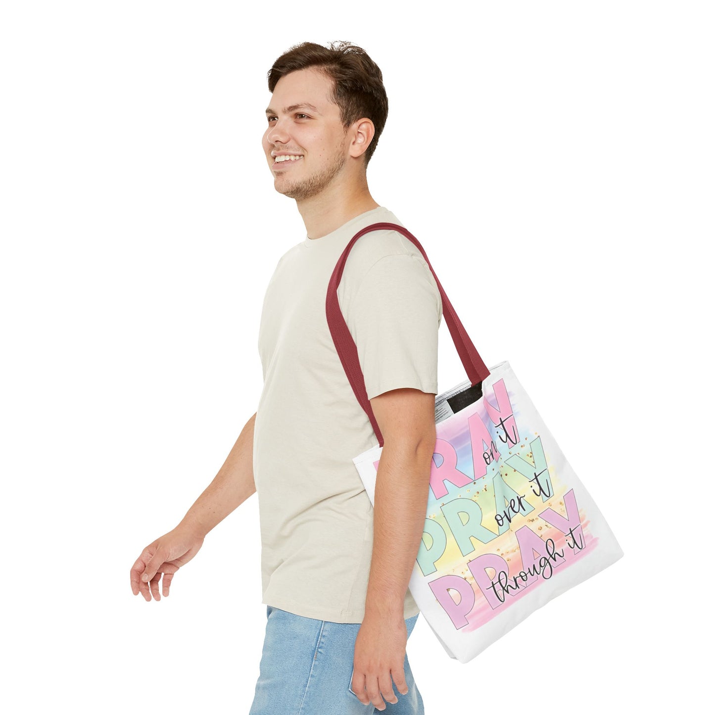 Pray On It | Pray Over It | Pray Through It Tote Bag | Christian Tote Bag