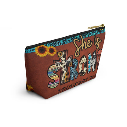 She is Strong Proverbs 31:25 Cosmetic Bag | Western Faith Inspired Sunflower Pouch