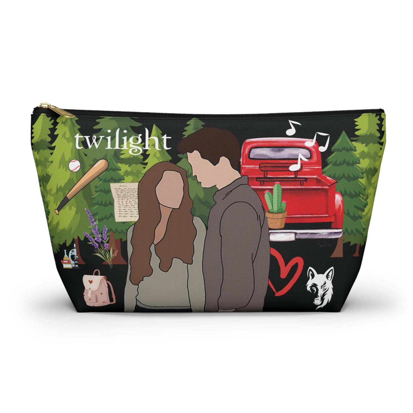 Twilight Inspired Cosmetic Bag | Forest Romance Design with Red Truck & Bookish Icons | YA Zipper Pouch