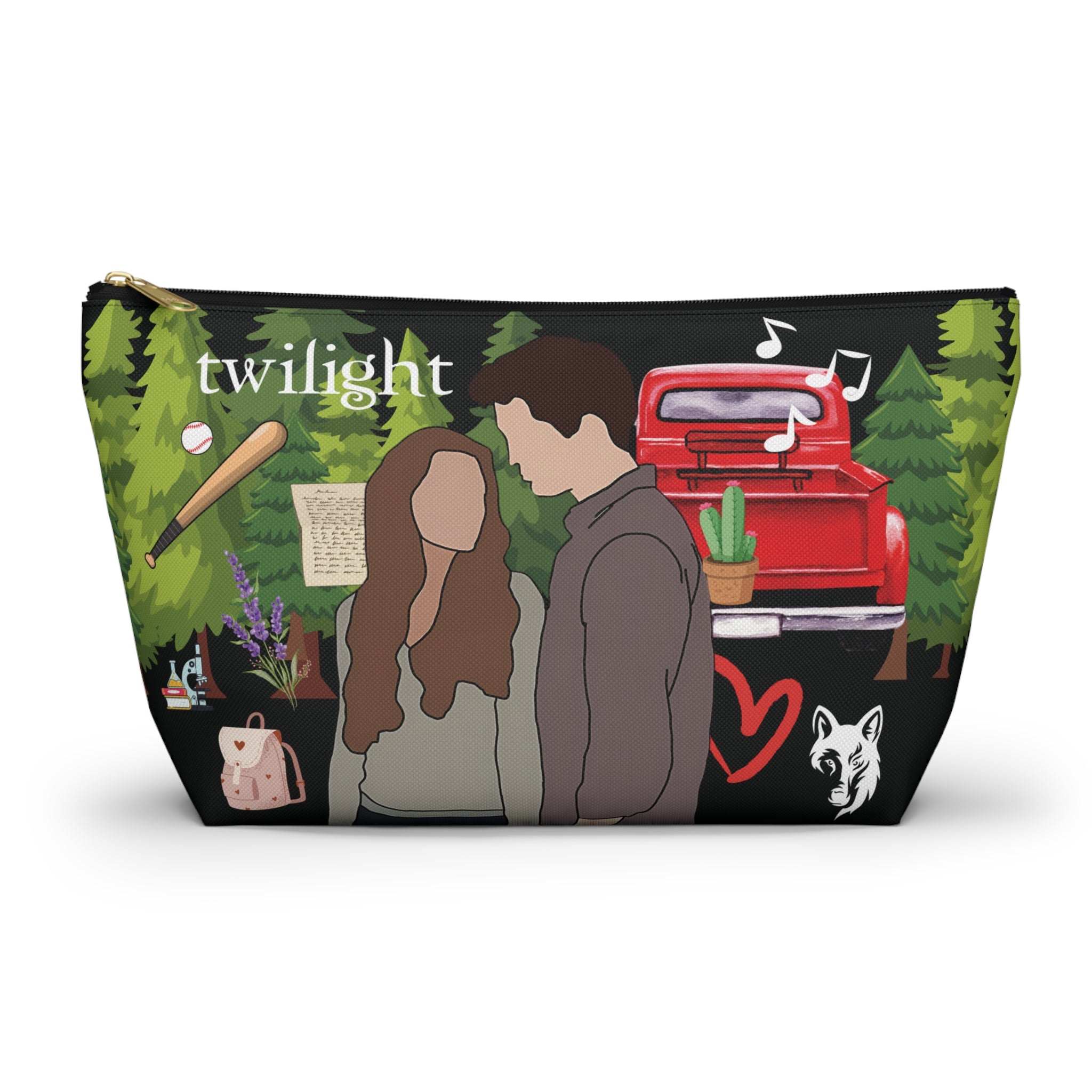 Twilight Inspired Cosmetic Bag | Forest Romance Design with Red Truck & Bookish Icons | YA Zipper Pouch