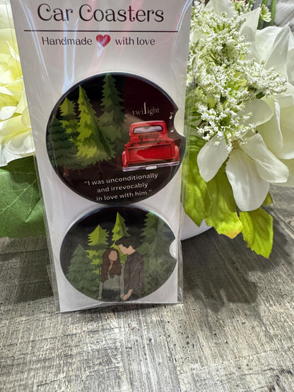 Twilight-Inspired Car Coasters | Bella & Edward Forest Scenes | Bookish Gift for Vampire Romance Fans