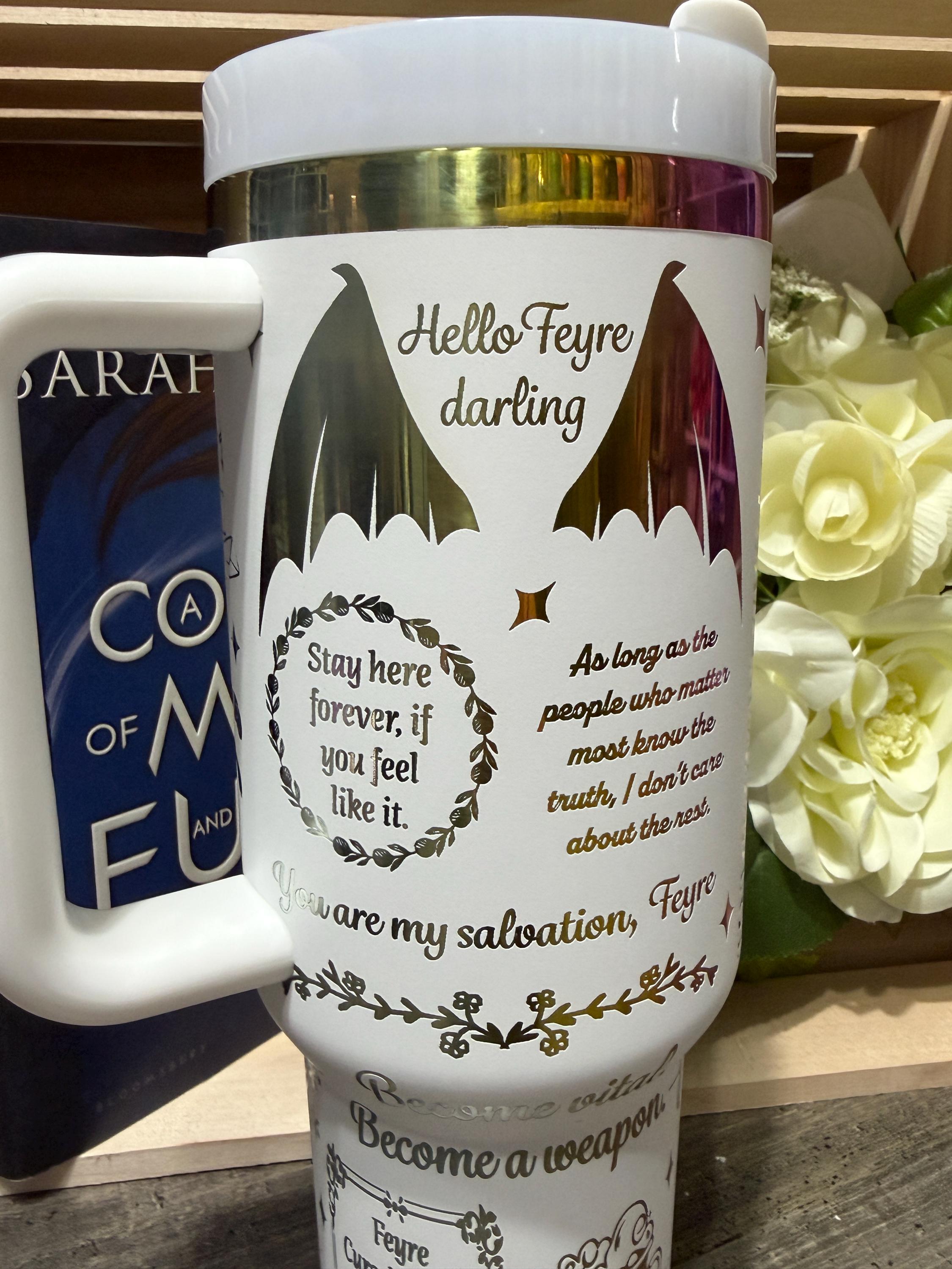 Velaris 40oz Stanley Style Tumbler – ACOTAR Inspired Cup – Night Court Rhysand & Feyre Quotes – White Rainbow Bookish Tumbler with Handle