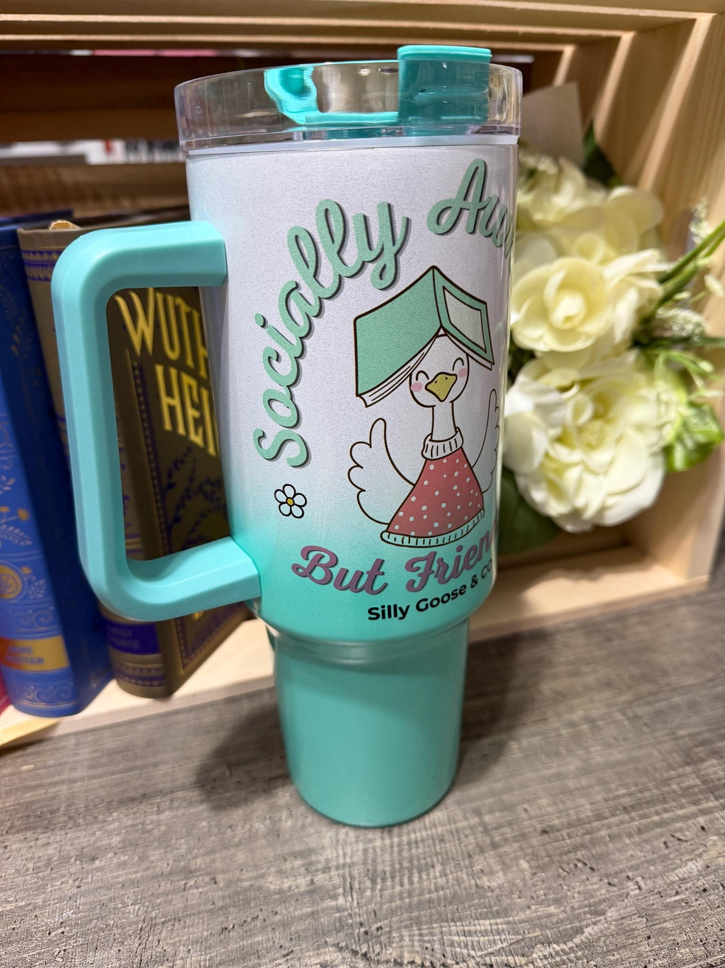Socially Awkward But Friendly Tumbler – 40oz Stanley Style Bookish Goose Cup – Green Ombre Reader Gift – Silly Goose & Co