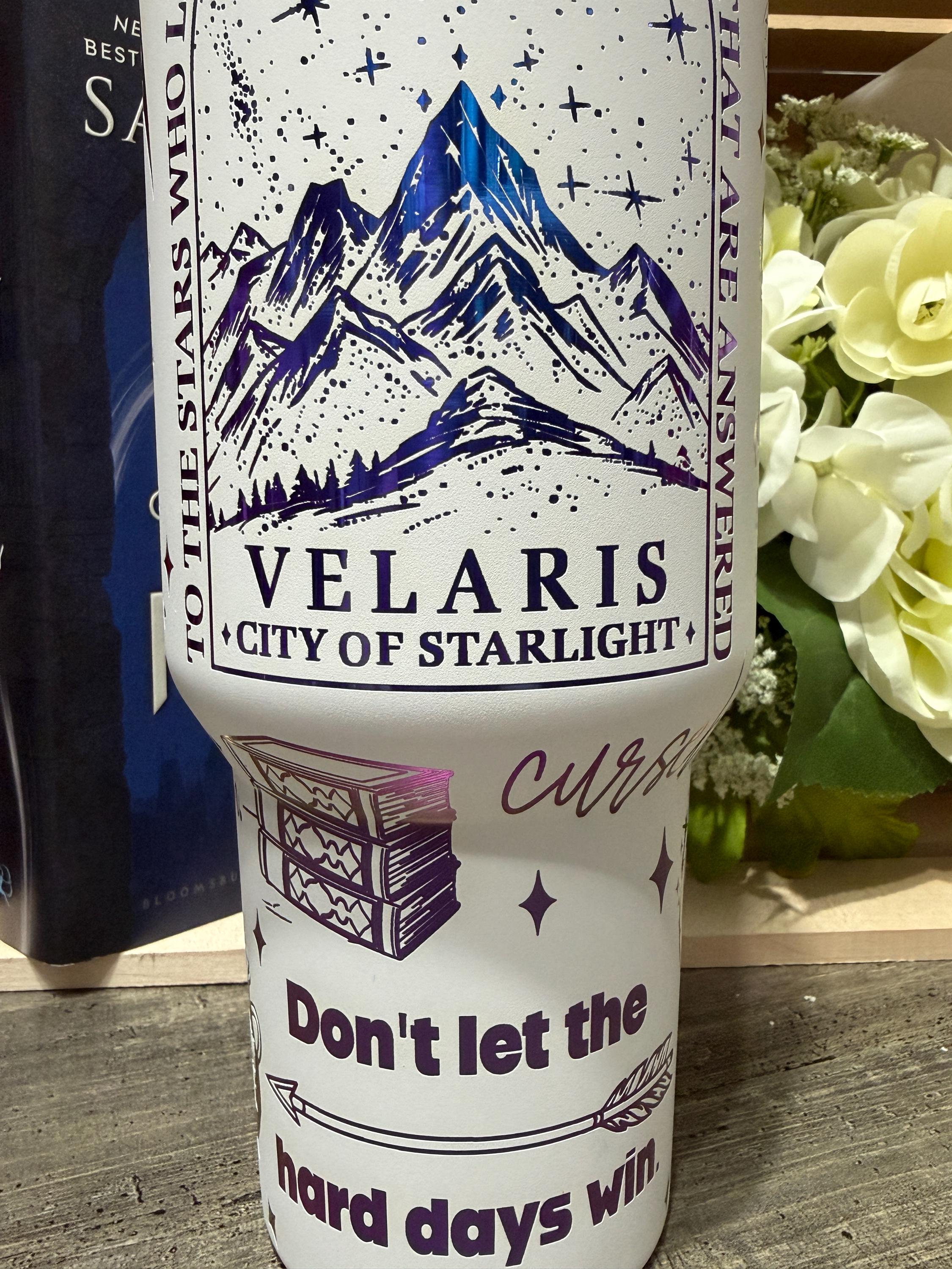 Velaris 40oz Stanley Style Tumbler – ACOTAR Inspired Cup – Night Court Rhysand & Feyre Quotes – White Rainbow Bookish Tumbler with Handle