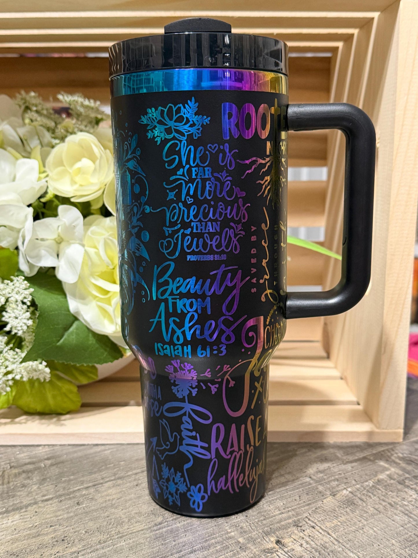 Stanley Style Christian Rainbow Engraved 40oz Tumbler | Faith Scripture Stainless Steel Cup | Proverbs 31 Gift | Inspirational Mug