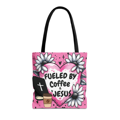Fueled by Coffee & Jesus Christian Tote Bag | Pink Floral Faith Market Bag