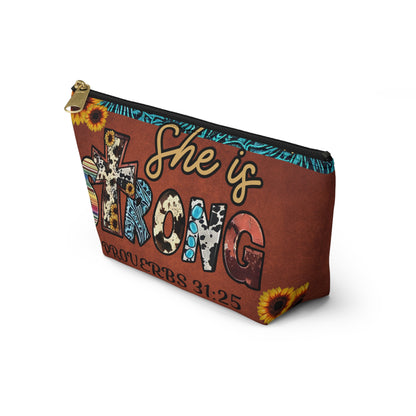 She is Strong Proverbs 31:25 Cosmetic Bag | Western Faith Inspired Sunflower Pouch