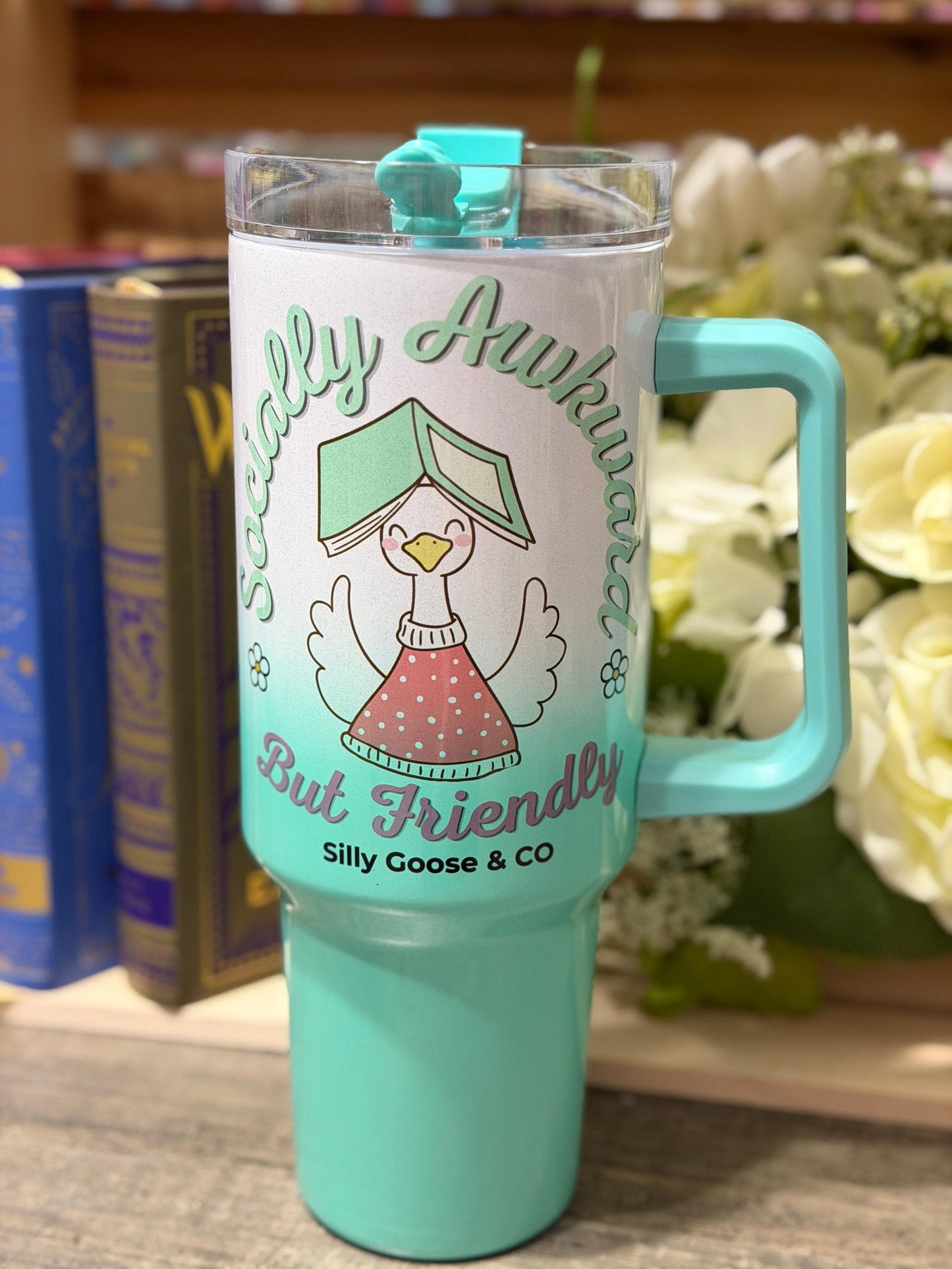 Socially Awkward But Friendly Tumbler – 40oz Stanley Style Bookish Goose Cup – Green Ombre Reader Gift – Silly Goose & Co