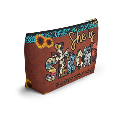 She is Strong Proverbs 31:25 Cosmetic Bag | Western Faith Inspired Sunflower Pouch