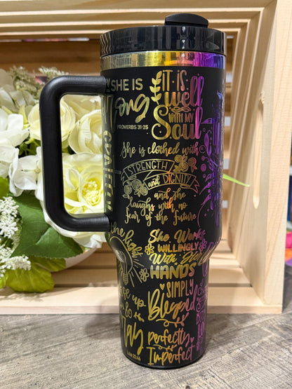 Stanley Style Christian Rainbow Engraved 40oz Tumbler | Faith Scripture Stainless Steel Cup | Proverbs 31 Gift | Inspirational Mug