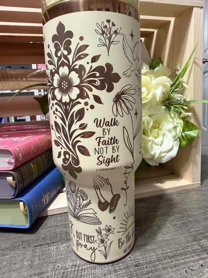 Christian 40oz Engraved Tumbler with Handle | Faith Scripture Cup | Pray Over It Stanley Style Mug | Proverbs 31:25 Gift for Women