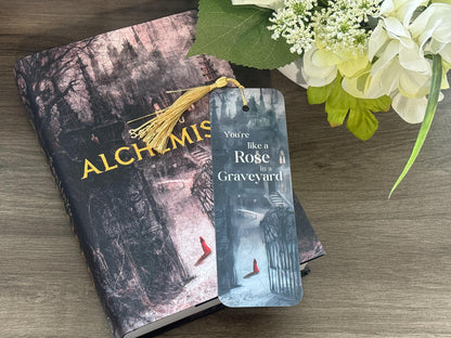 Rose in a Graveyard Gothic Bookmark | Dark Academia Alchemy Inspired Bookish Gift with Gold Tassel