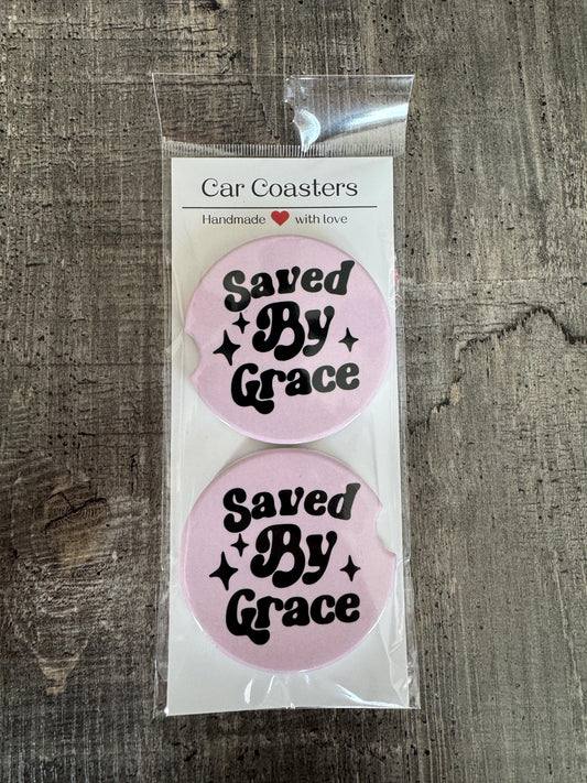 Saved By Grace Car Coasters – Retro Faith Design in Soft Pink