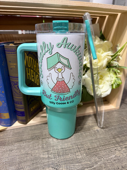 Socially Awkward But Friendly Tumbler – 40oz Stanley Style Bookish Goose Cup – Green Ombre Reader Gift – Silly Goose & Co