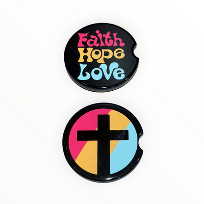 Faith Hope Love Christian Car Coasters | 2-Pack Colorful Ceramic Coasters