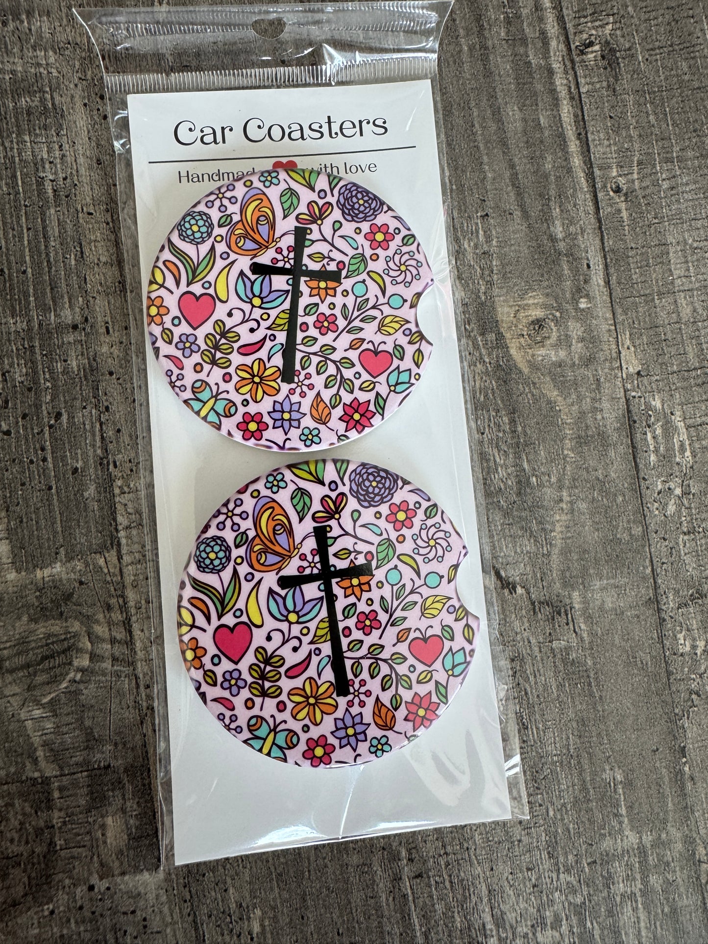 Christian Car Coasters | Floral Faith / Cross