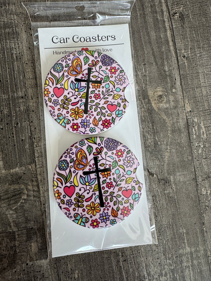 Christian Car Coasters | Floral Faith / Cross