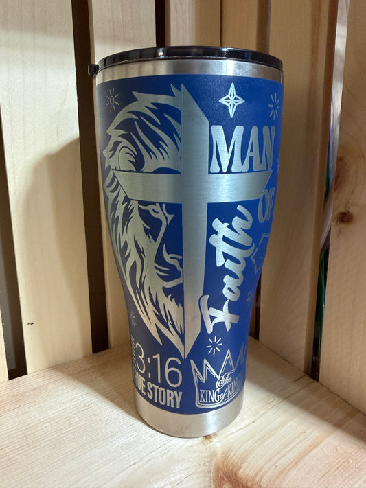 Man of Faith | Christian Engraved Tumbler |Jesus Cross Lion Bible Verse Cup | Religious Gift for Men Women