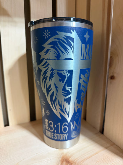 Man of Faith | Christian Engraved Tumbler |Jesus Cross Lion Bible Verse Cup | Religious Gift for Men Women