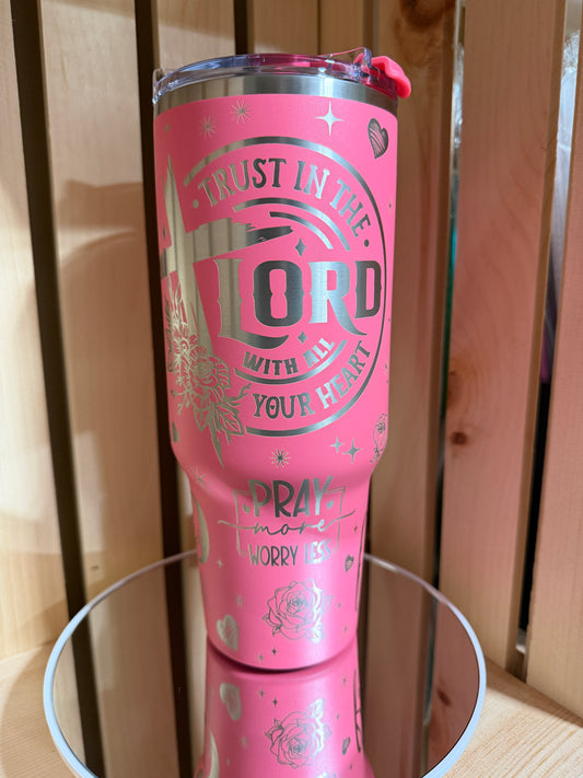 Christian 40oz Engraved Tumbler with Handle | Bible Verse Tumbler | Trust in the Lord | Faith-Based Gift for Women | Pink Christian Cup