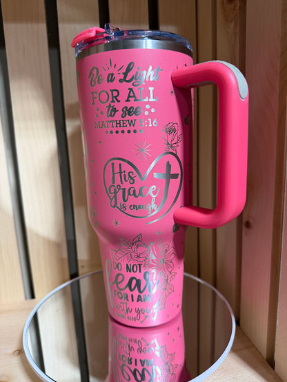 Christian 40oz Engraved Tumbler with Handle | Bible Verse Tumbler | Trust in the Lord | Faith-Based Gift for Women | Pink Christian Cup