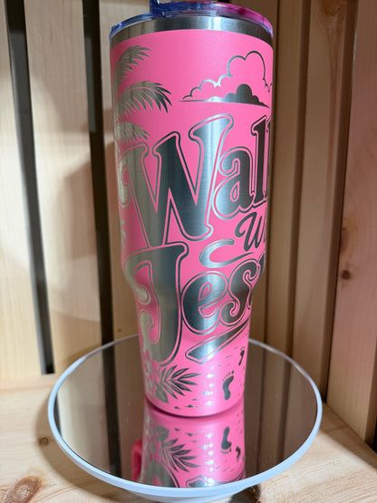 Walk With Jesus 40oz Engraved Tumbler | Christian Gift for Women | Faith Coffee Cup | Laser Engraved Pink Tumbler | Religious Gift | Bible Inspired Cup