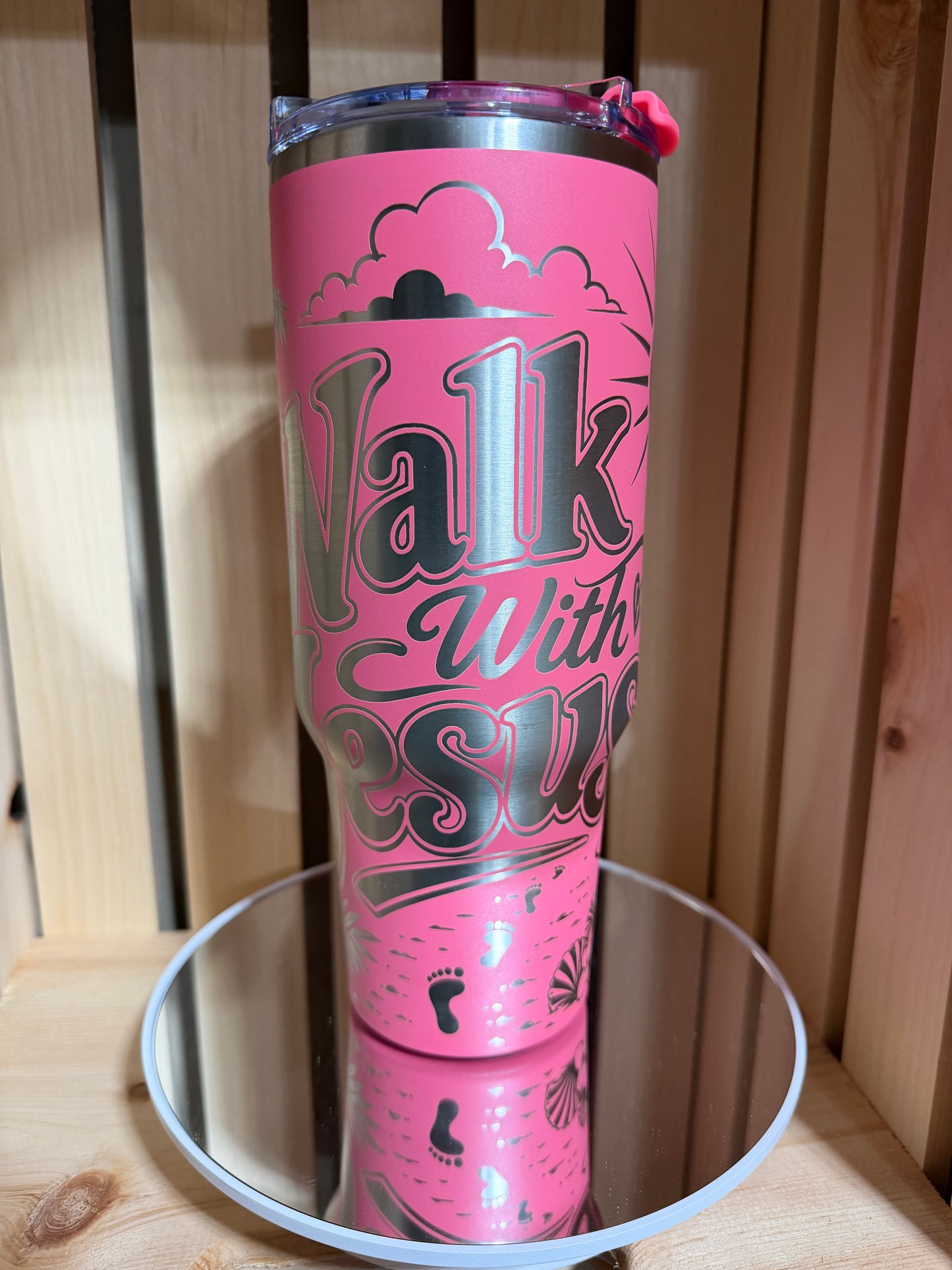 Walk With Jesus 40oz Engraved Tumbler | Christian Gift for Women | Faith Coffee Cup | Laser Engraved Pink Tumbler | Religious Gift | Bible Inspired Cup