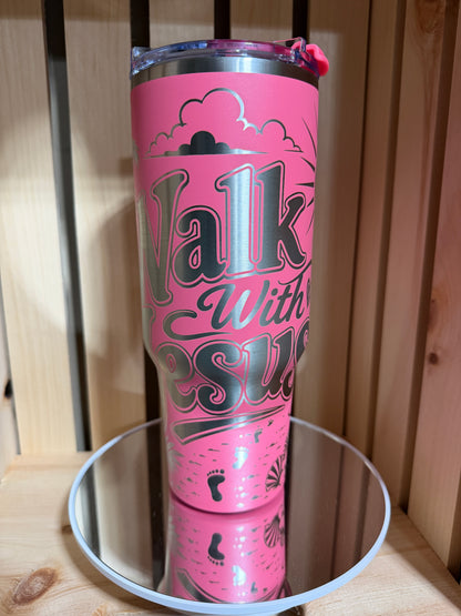 Walk With Jesus 40oz Engraved Tumbler | Christian Gift for Women | Faith Coffee Cup | Laser Engraved Pink Tumbler | Religious Gift | Bible Inspired Cup