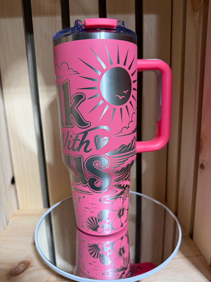 Walk With Jesus 40oz Engraved Tumbler | Christian Gift for Women | Faith Coffee Cup | Laser Engraved Pink Tumbler | Religious Gift | Bible Inspired Cup