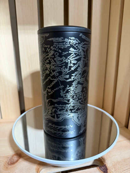 Lord Rings Gift, LOTR Tumbler, Middle Earth, Tolkien Gift, Fantasy Reader, Book Lover Gift, Engraved Cup, Can Cooler, Hobbit Gift, Fantasy Gift, Reader Tumbler, LOTR Fan Gift, Middle Earth Map