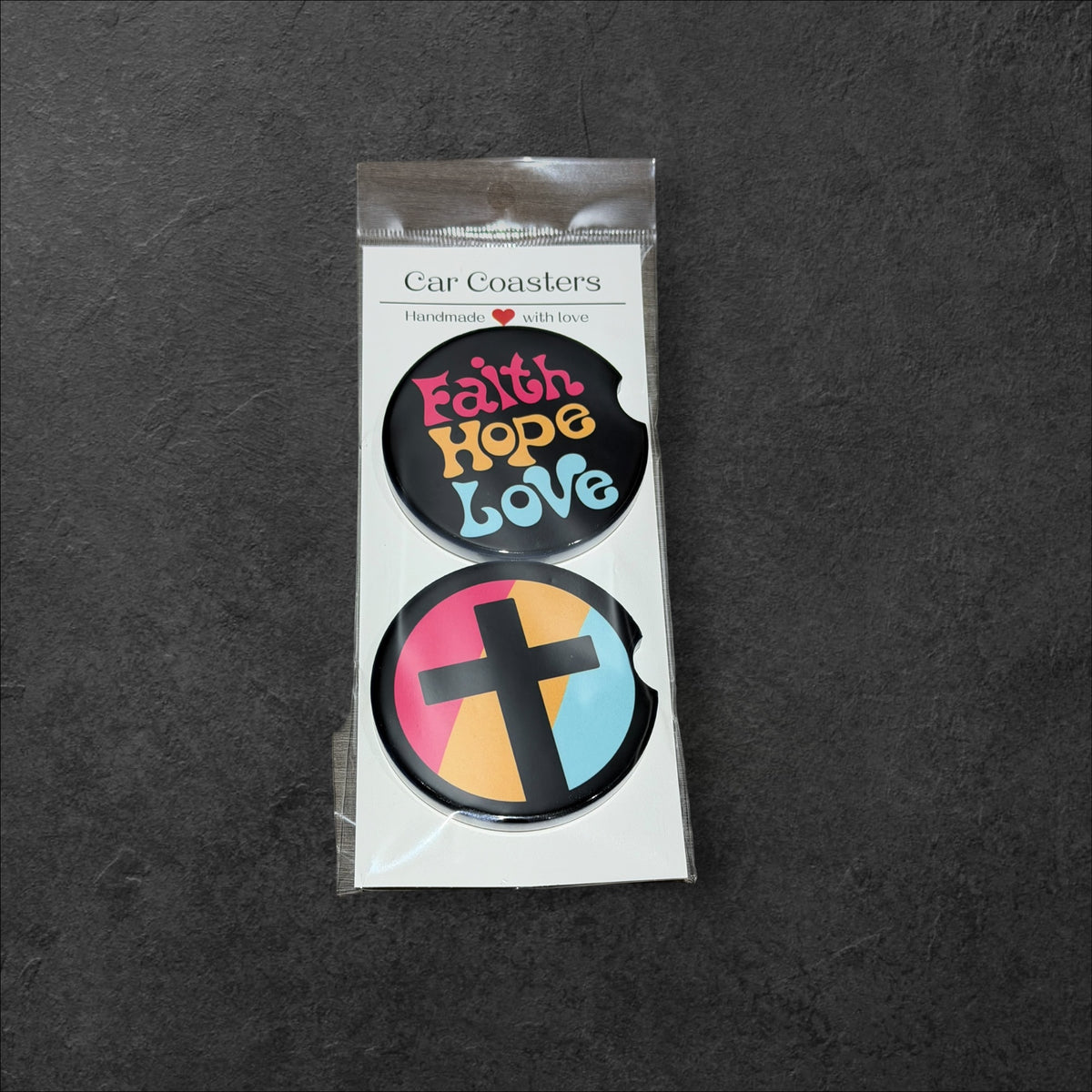Faith Hope Love Christian Car Coasters | 2-Pack Colorful Ceramic Coasters