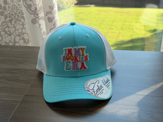 In My Bookish Era aqua ponytail trucker hat