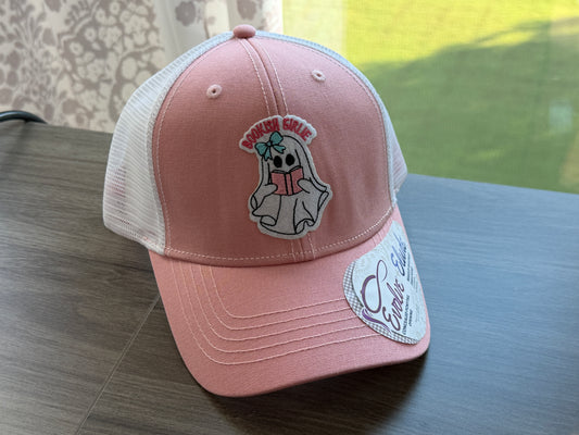 Bookish Ghouls pink trucker hat