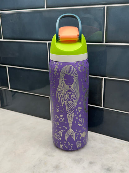 Engraved Mermaid 32oz Stainless Steel Water Bottle | Purple Under the Sea Tumbler with Straw Lid