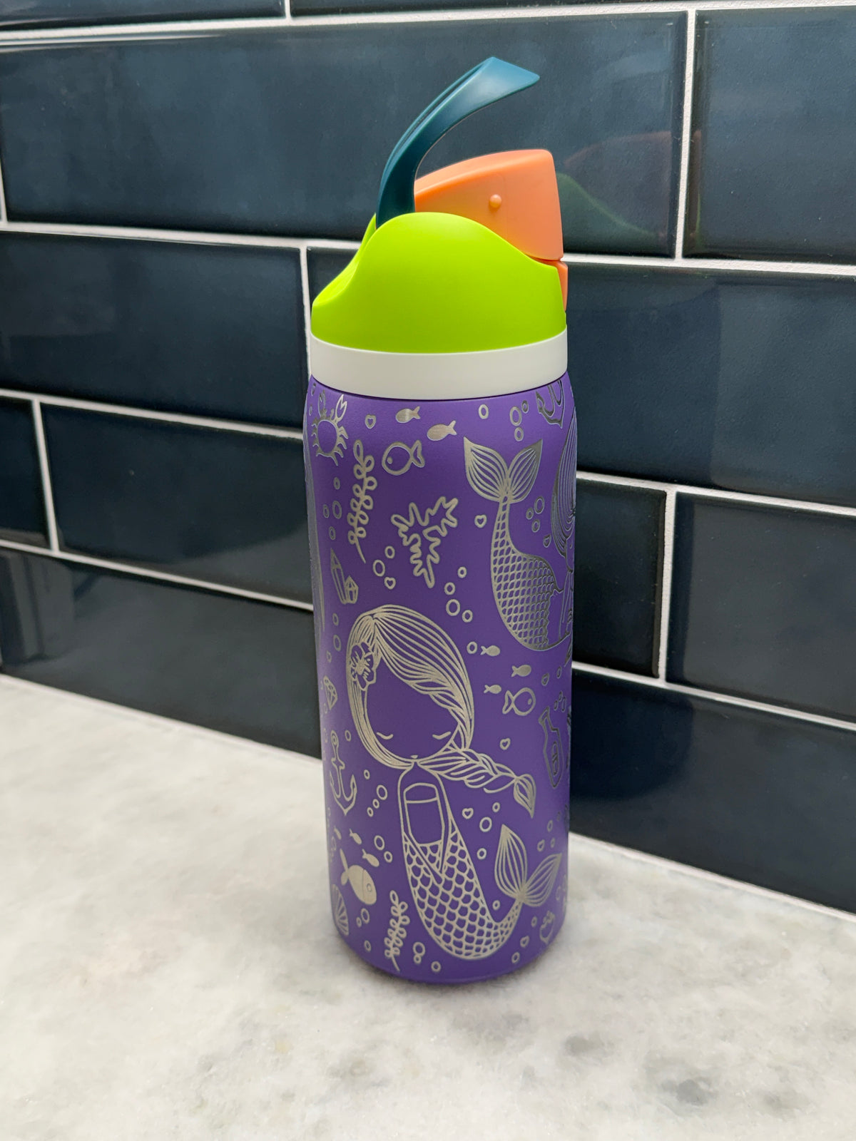 Engraved Mermaid 32oz Stainless Steel Water Bottle | Purple Under the Sea Tumbler with Straw Lid