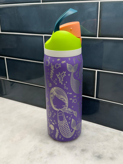 Engraved Mermaid 32oz Stainless Steel Water Bottle | Purple Under the Sea Tumbler with Straw Lid