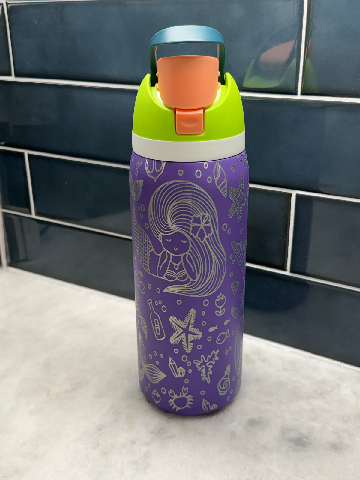Engraved Mermaid 32oz Stainless Steel Water Bottle | Purple Under the Sea Tumbler with Straw Lid
