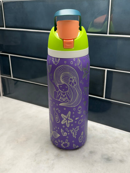 Engraved Mermaid 32oz Stainless Steel Water Bottle | Purple Under the Sea Tumbler with Straw Lid