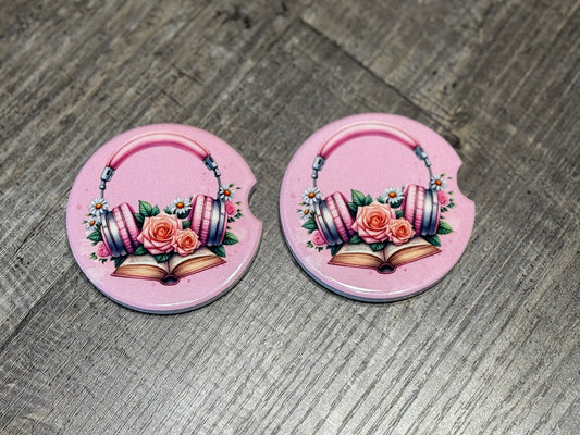 Fantasy Car Coasters | Pink Floral Headphones & Book