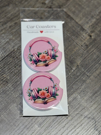 Fantasy Car Coasters | Pink Floral Headphones & Book