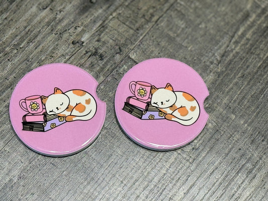 Fantasy Car Coasters | Cute Cat & Books
