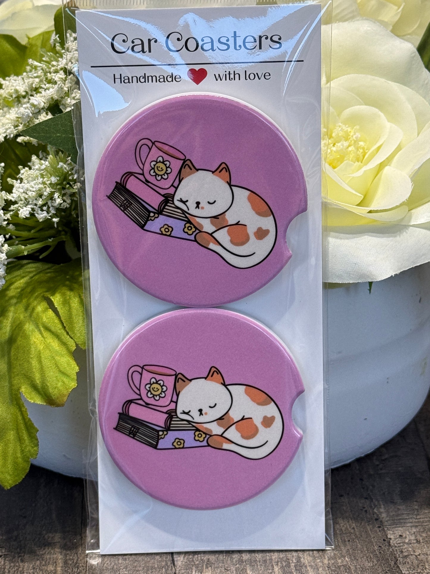 Fantasy Car Coasters | Cute Cat & Books