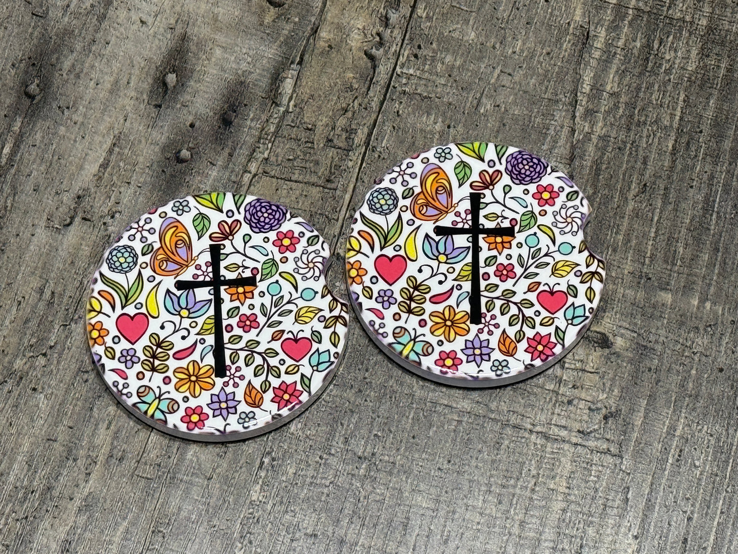 Christian Car Coasters | Floral Faith / Cross