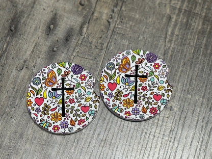 Christian Car Coasters | Floral Faith / Cross